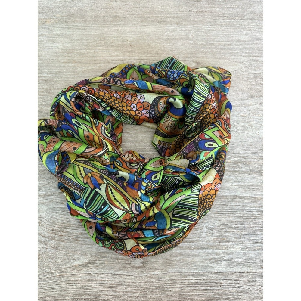 Artistic Scarf Wrap 100% Silk Colorful Psychedelic Peacock Paisley Large 44 x 70